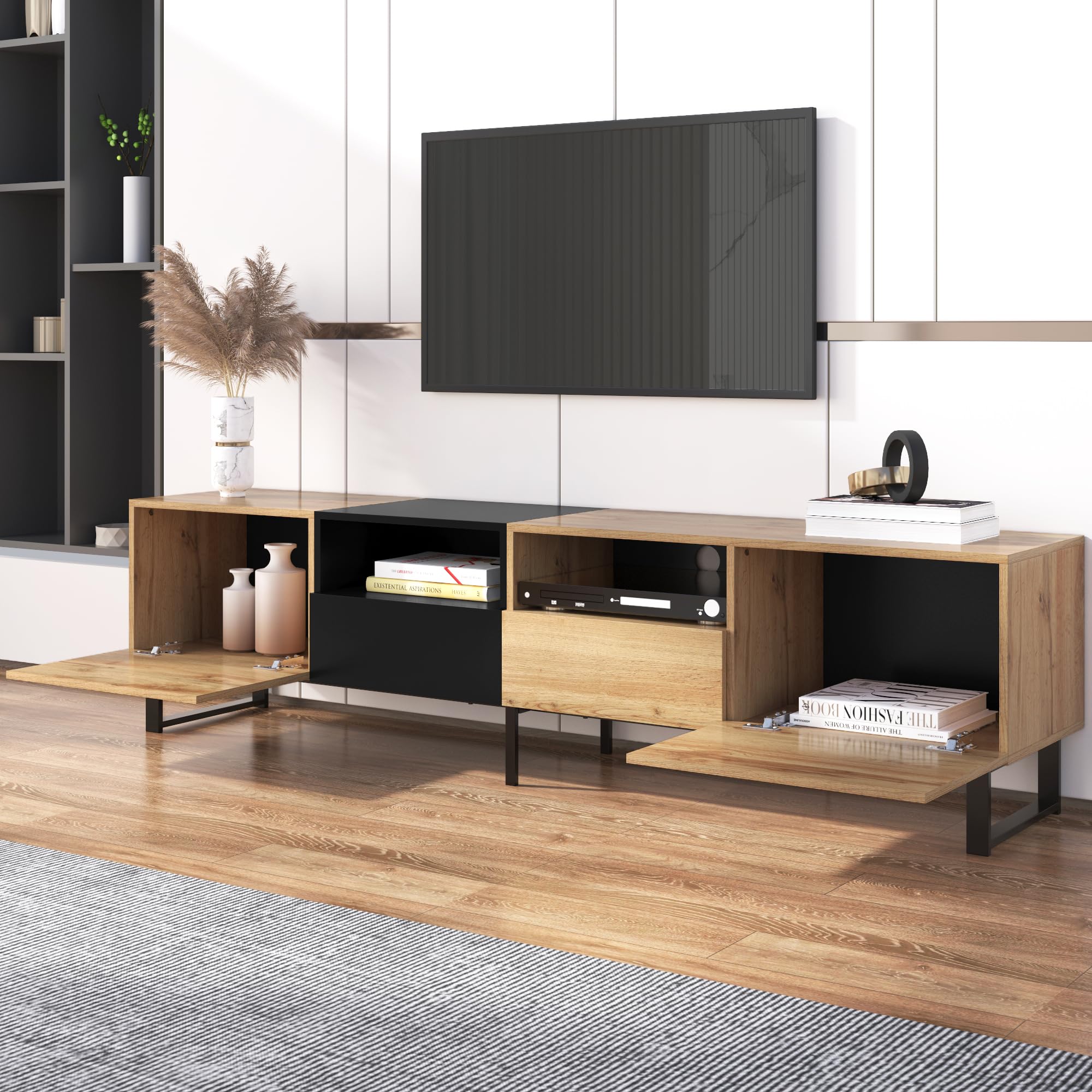 Amazon.com: Modern TV Stand with 2 Cabinets Open Storage